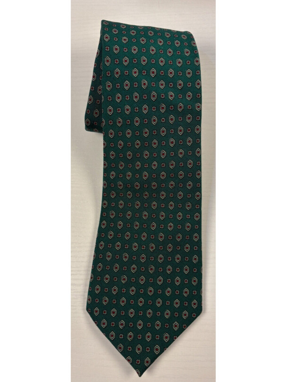 Vintage Boston Traders Silk Wool Tie Green Foulard Medallion USA Made Deadstock
